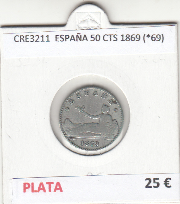 CRE3211 MONEDA ESPAÑA 50 CENTIMOS 1869 (*69) PLATA