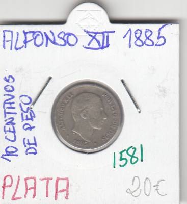 CRE1581 MONEDA ESPAÑA ALFONSO XII 10 CENTAVOS DE PESO 1885 PLATA