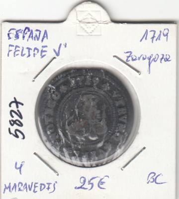 E5827 MONEDA ESPAÑA FELIPE V 1719 ZARAGOZA 4 MARAVEDIS