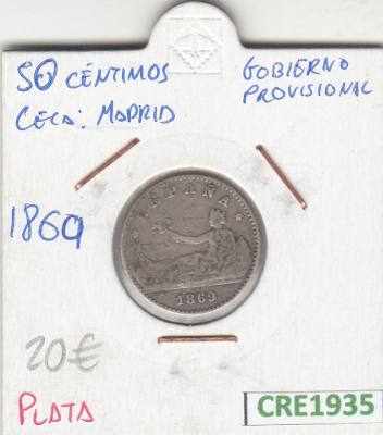 CRE1935 MONEDA ESPAÑA GOBIERNO PROVISIONAL 50 CENTIMOS MADRID 1869 PLATA