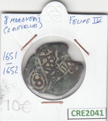 CRE2041 MONEDA ESPAÑA FELIPE IV 8 MARAVEDIS DOBLE RESELLO 1651-52 BC