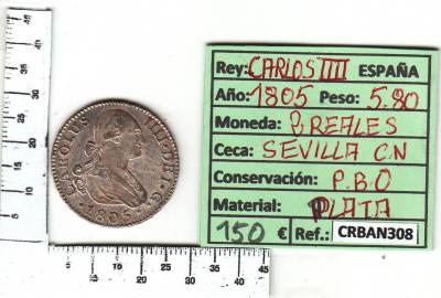 CRBAN308 MONEDA ESPAÑA 2 REALES 1805 CARLOS IV SEVILLA