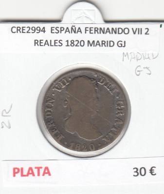 CRE2994 MONEDA ESPAÑA FERNANDO VII 2 REALES 1820 MARID GJ PLATA