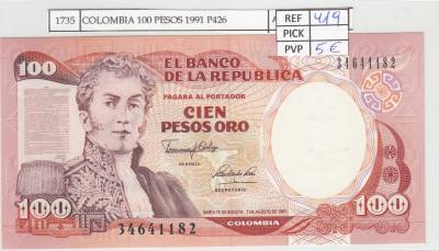 BILLETE COLOMBIA 100 PESOS 1991 P-426Аa N01735