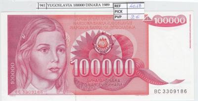 BILLETE YUGOSLAVIA 100.000 DINARA 1989 P-97a 