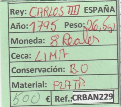 CRBAN229 MONEDA ESPAÑA 8 REALES CARLOS IV LIMA 1795