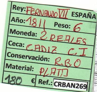 CRBAN269 MONEDA ESPAÑA 2 REALES 1811 FERNANDO VII CADIZ
