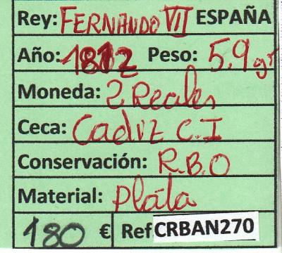 CRBAN270 MONEDA ESPAÑA 2 REALES FERNANDO VII 1812 CADIZ
