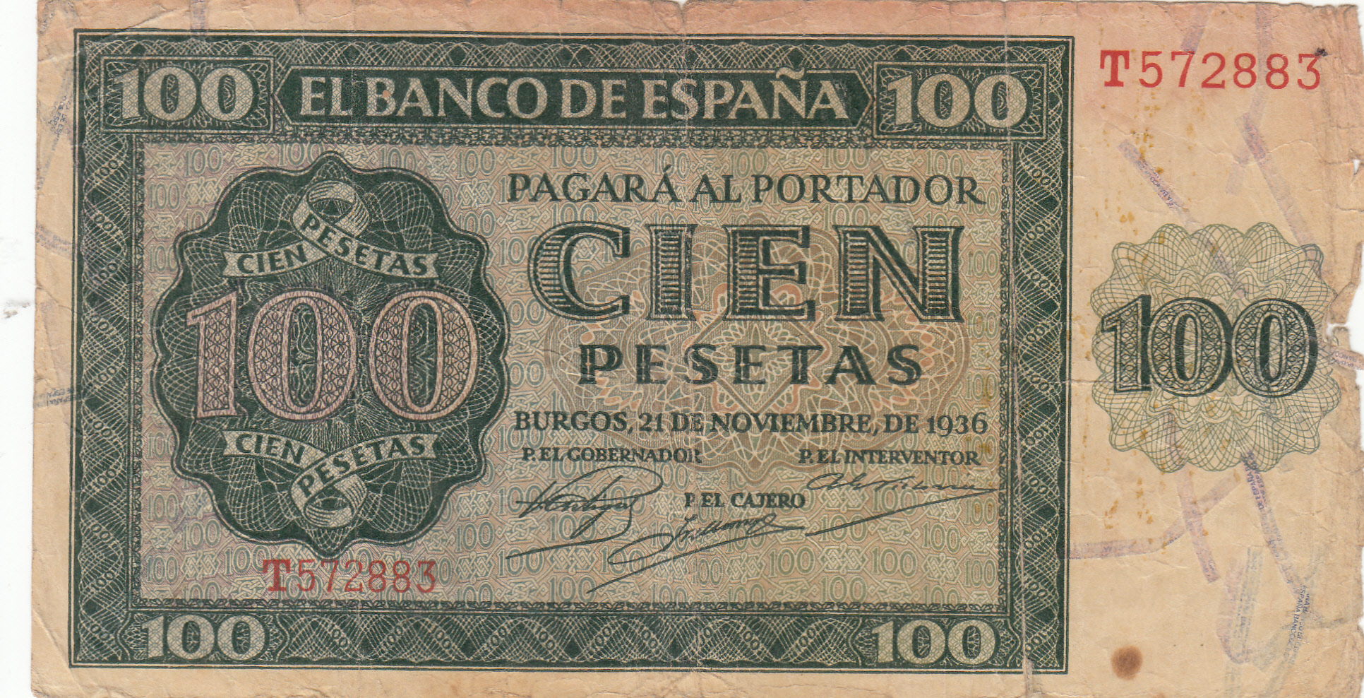 CRBS0745 BILLETE ESPAÑA 100 PESETAS 1936 MBC+