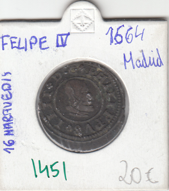 CRE1451 MONEDA FELIPE IV 16 MARAVEDIS 1664 MADRID