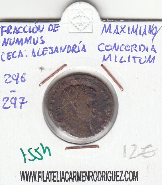 CRE1554 Fracción de Nummus Alejandría Maximiano/Concordia Militum 296-297