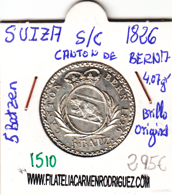 CR1510 MONEDA SUIZA 5 BATZEN 1826 BRILLO ORIGINAL SIN CIRCULAR 