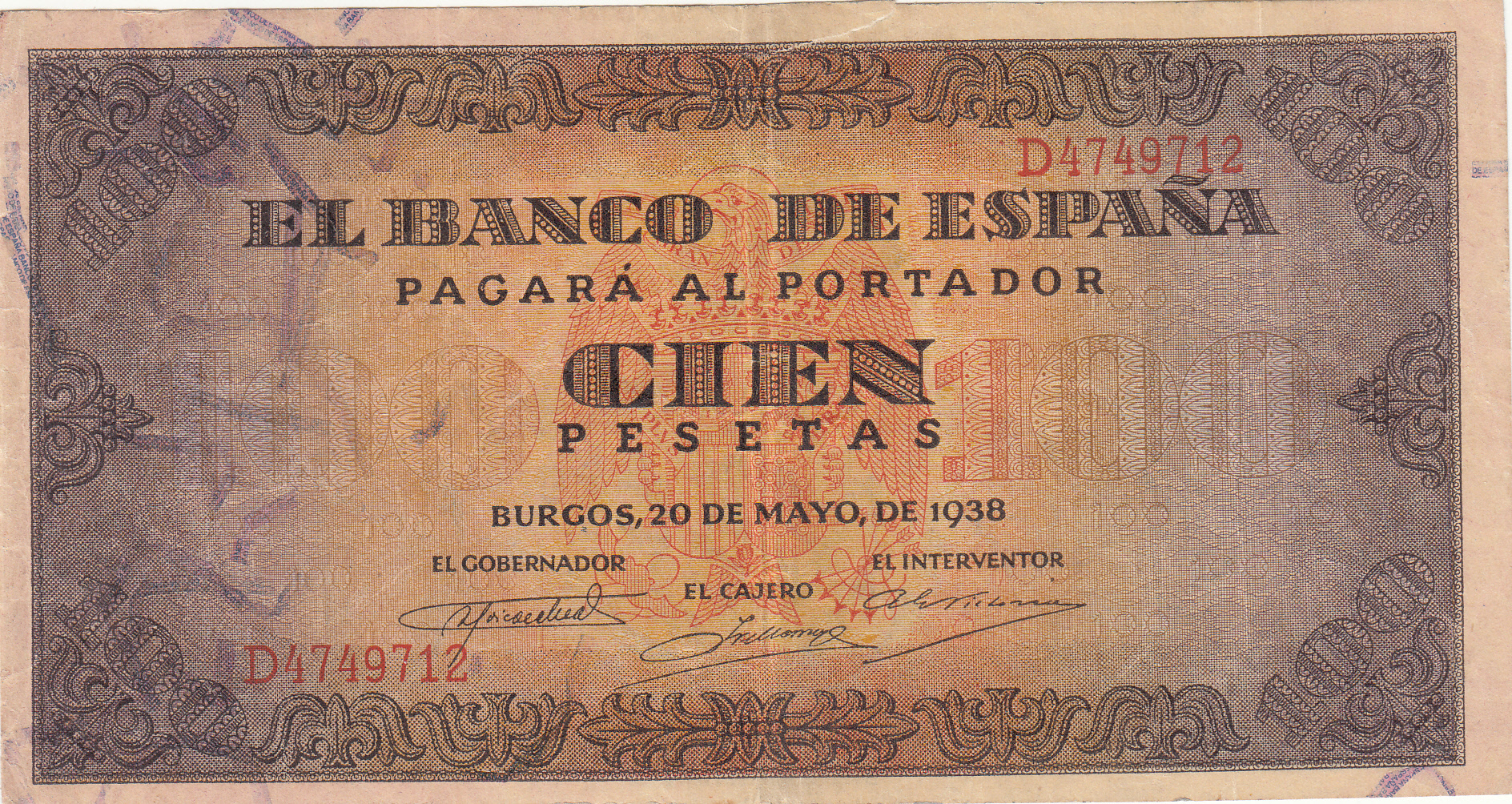 CRBS0800 BILLETE ESPAÑA 100 PESETAS 1938 CON ROTURA MBC- 