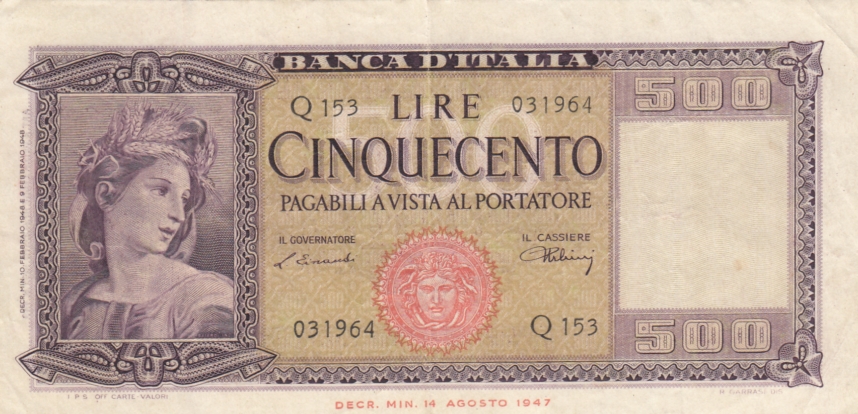 CRBX243 BILLETE ITALIA 500 LIRAS 1953 MBC 