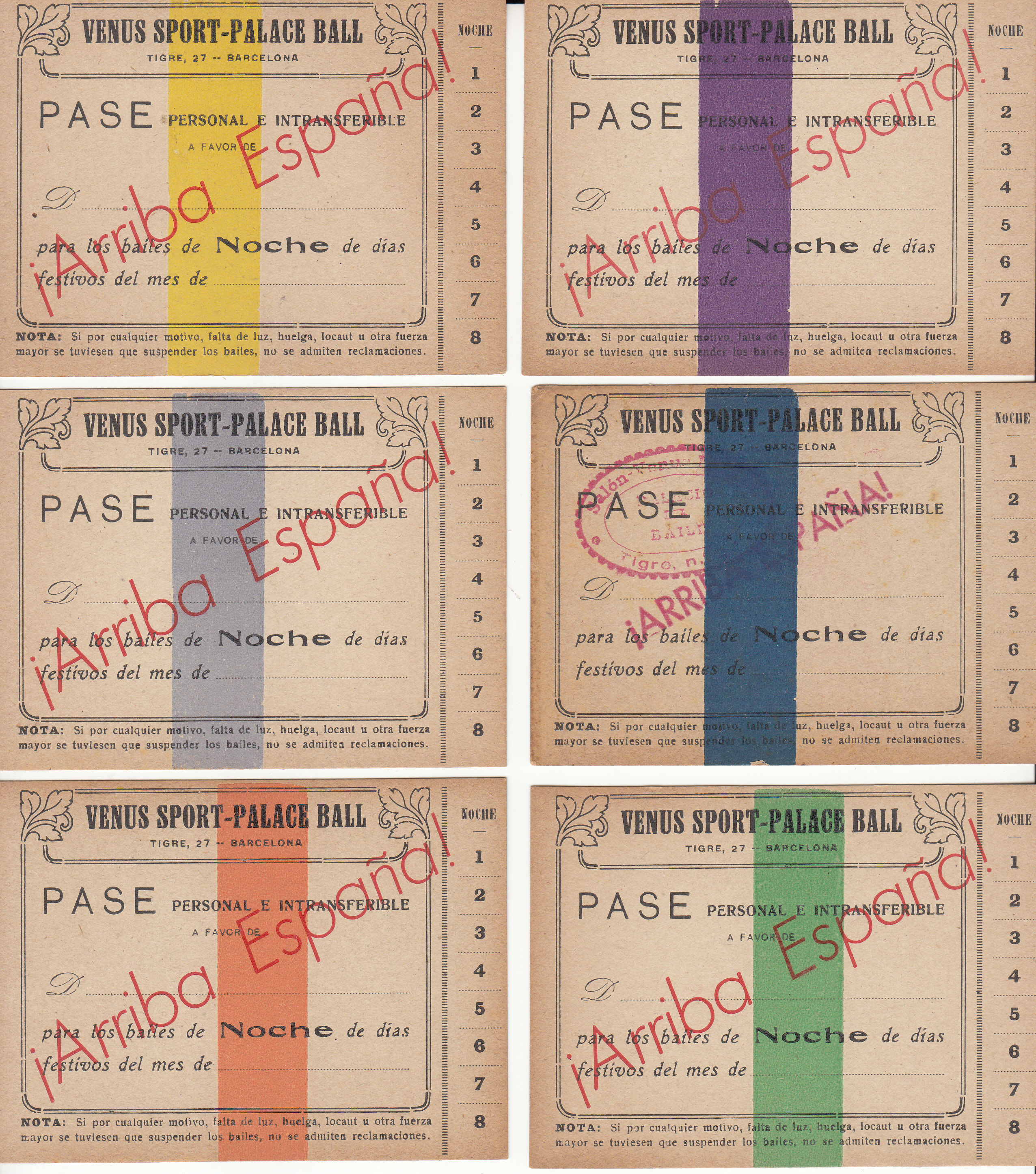 CRTAR017 JUEGO DE 6 PASES PARA VENUS SPORT PALACE BALL CON SOBRETARA ARRIBA ESPAÑA 