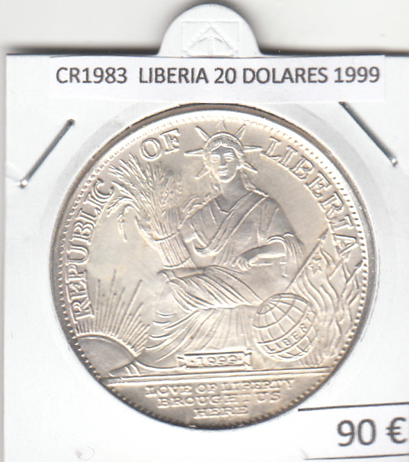 CR1983 MONEDA LIBERIA 20 DOLARES 1999 PLATA 