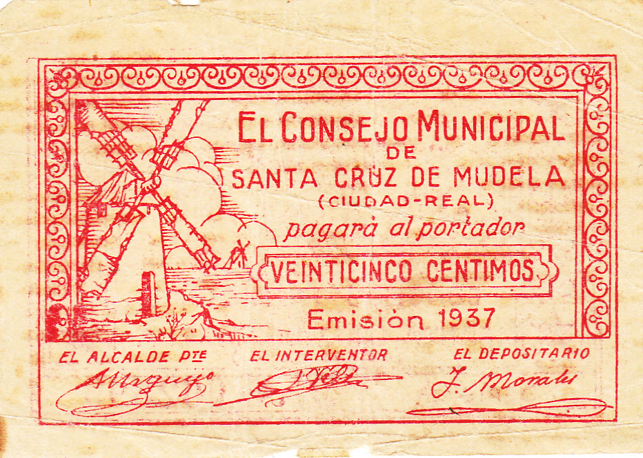 CRBL0089 BILLETE ESPAÑA CONSEJO MUNICIPAL STA CRUZ DE MUDELA 25 CTS 1937