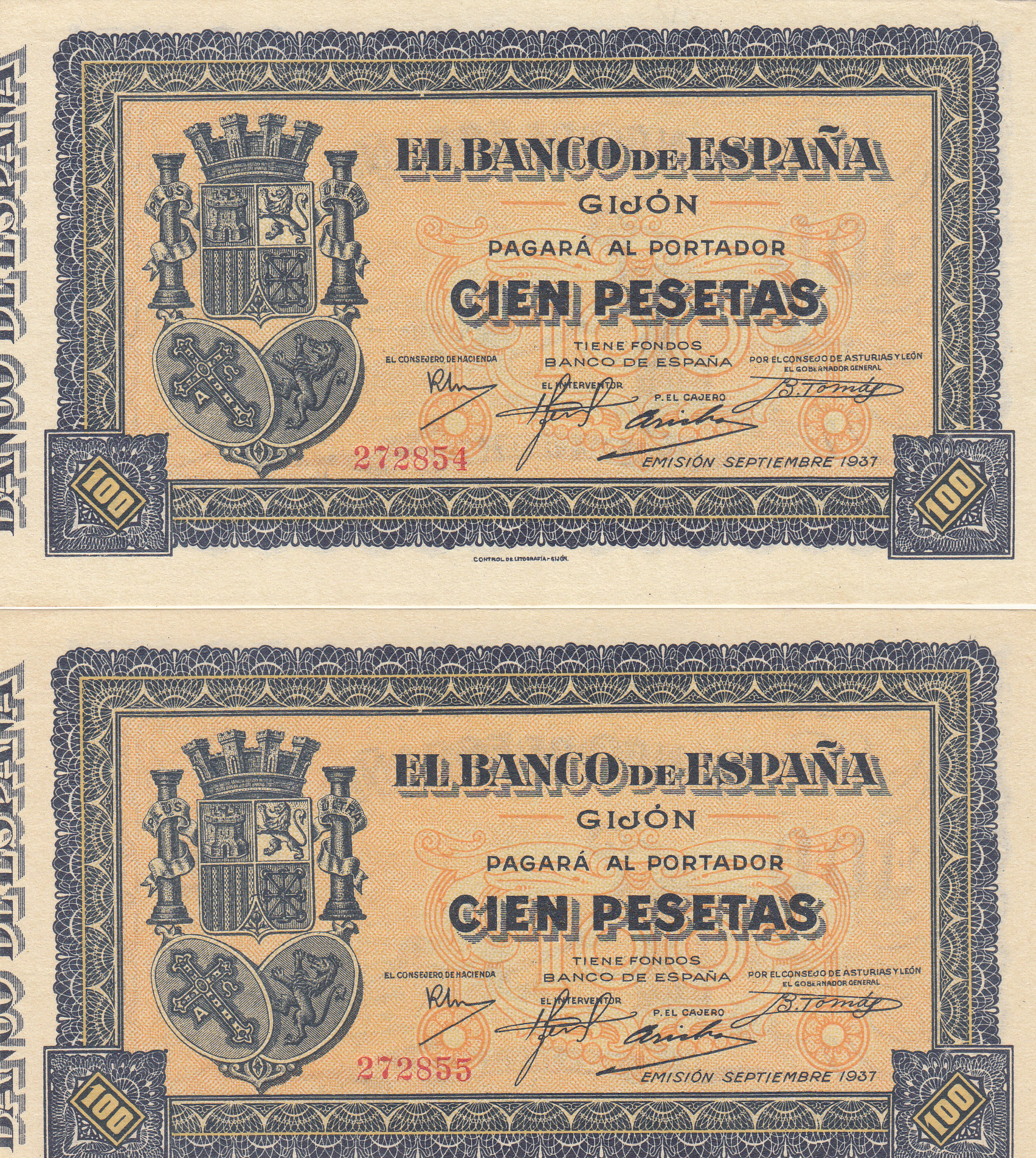CRBL0095 PAREJA CORRELATIVA BILLETES ESPAÑA 100 PESETAS DE GIJON 1937 SIN CIRCULAR
