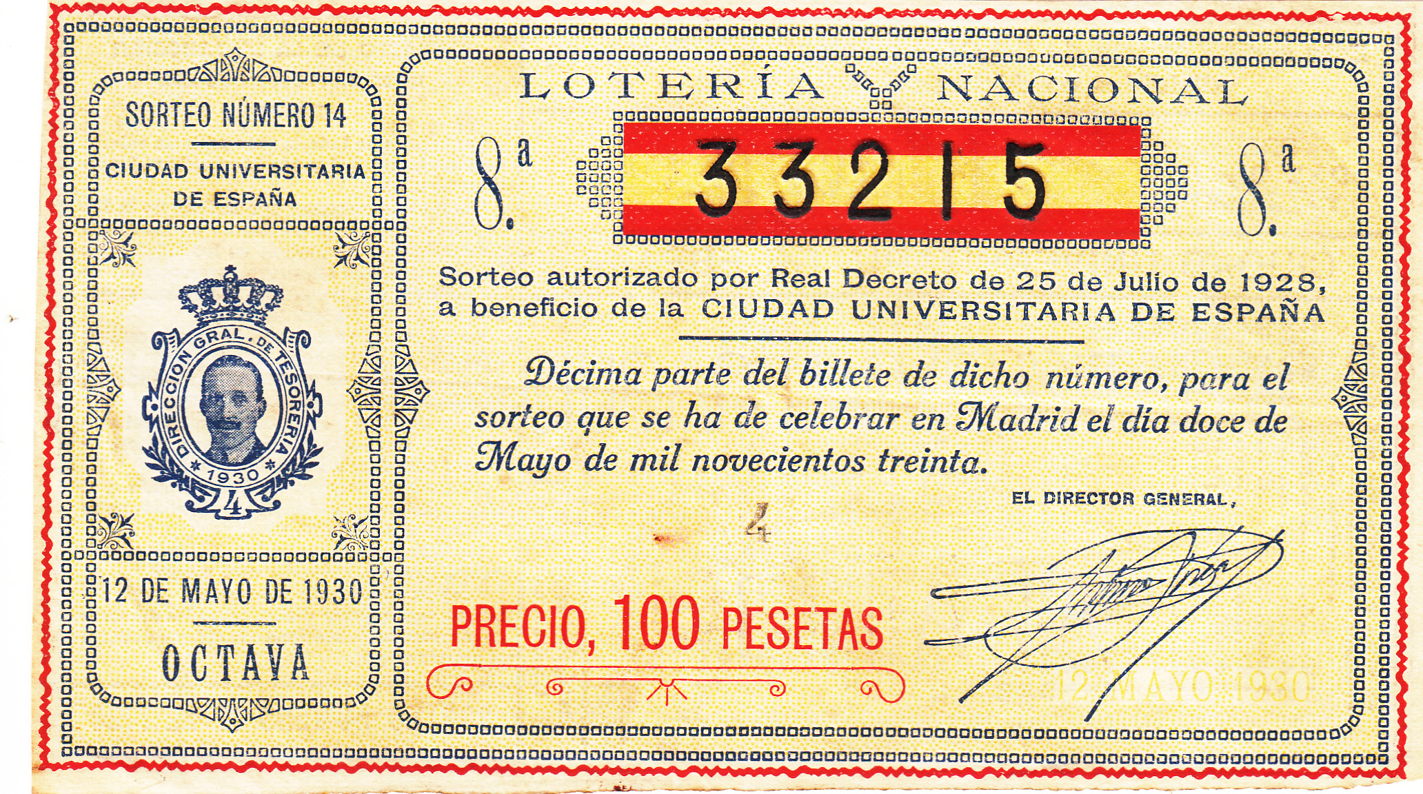 CRBL0106 BILLETE LOTERIA NACIONAL 1928 100 PESETAS MBC