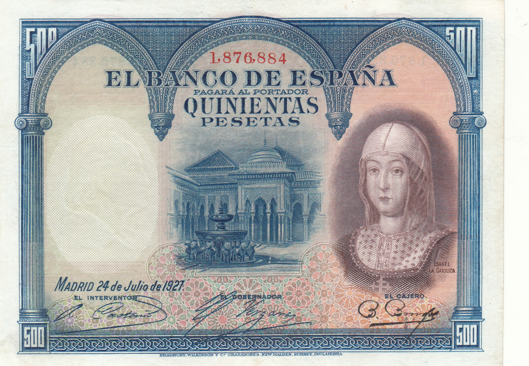 CRBS1015 BILLETE ESPAÑA 500 PESETAS 1927 EBC+