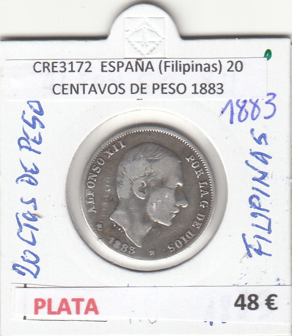 CRE3172 MONEDA ESPAÑA (Filipinas) 20 CENTAVOS DE PESO 1883 MBC PLATA