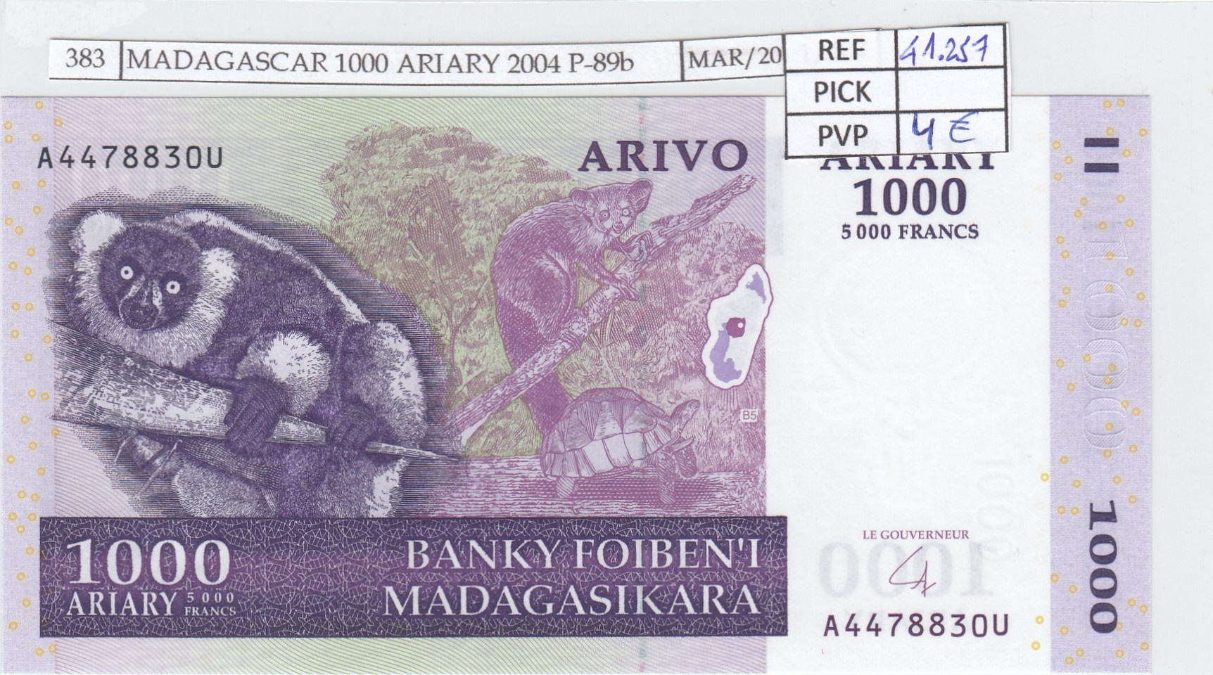 BILLETE MADAGASCAR 1000 ARIARY 2004 P-89bSIN CIRCULAR