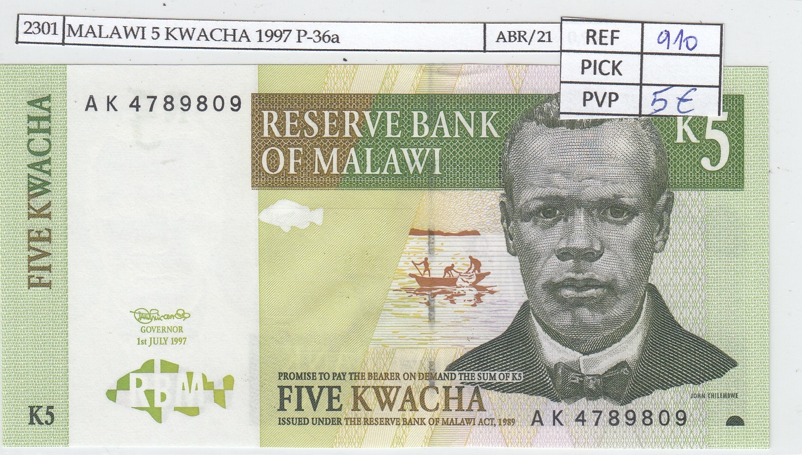 BILLETE MALAWI 5 KWACHA 1997 P-36a SIN CIRCULAR