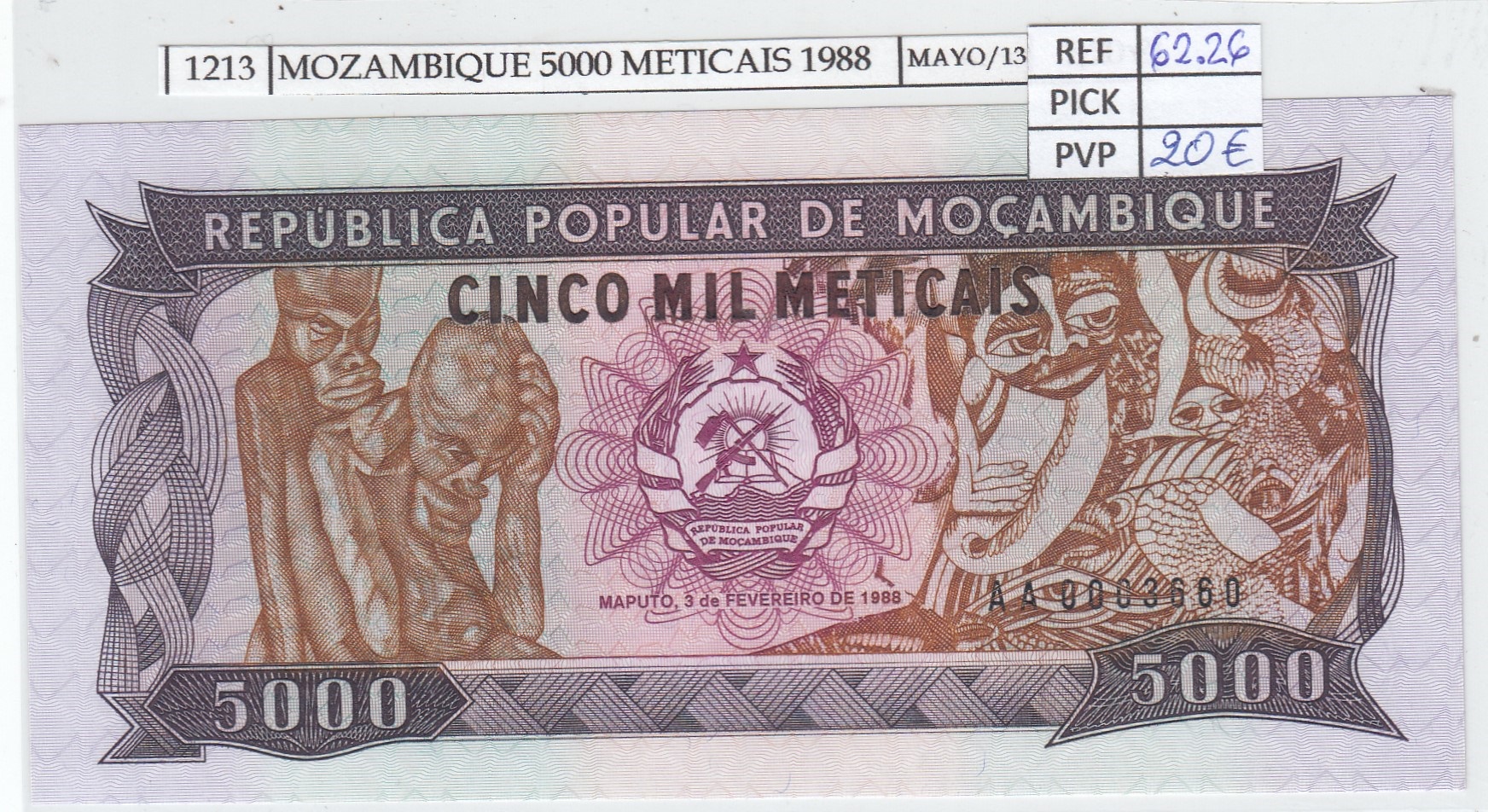 BILLETE MOZAMBIQUE 5.000 METICAIS 1988 P-133a SIN CIRCULAR