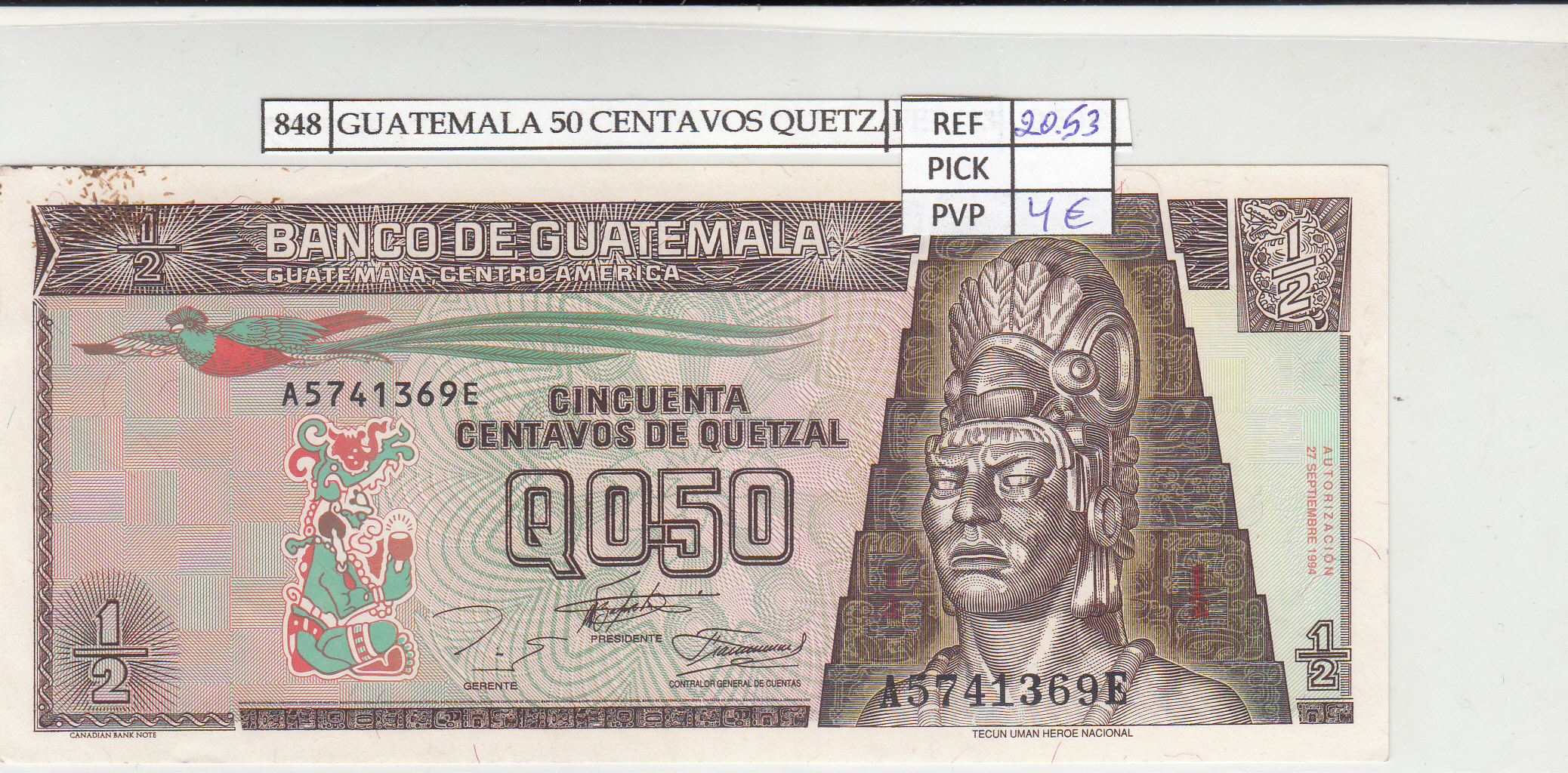 BILLETE GUATEMALA 50 CENTAVOS QUETZAL 1994 P-86b