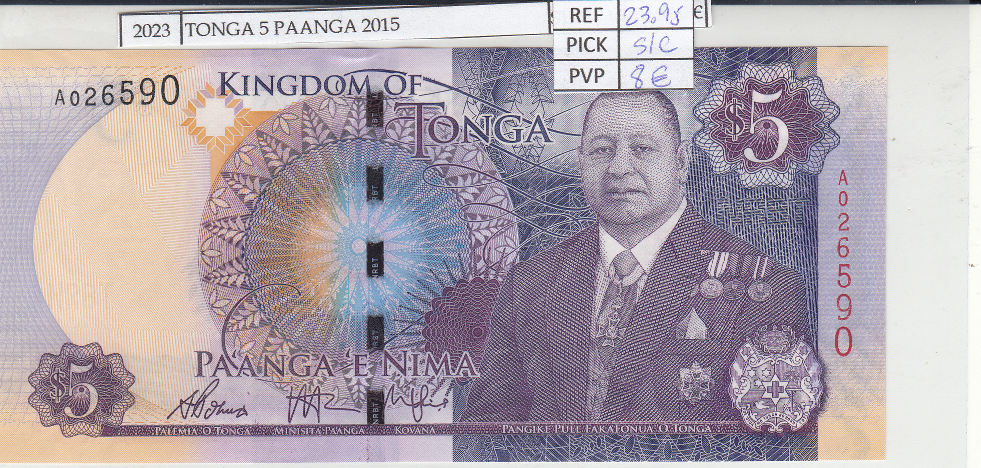 BILLETE TONGA 5 PAANGA 2015 P-45 SIN CIRCULAR