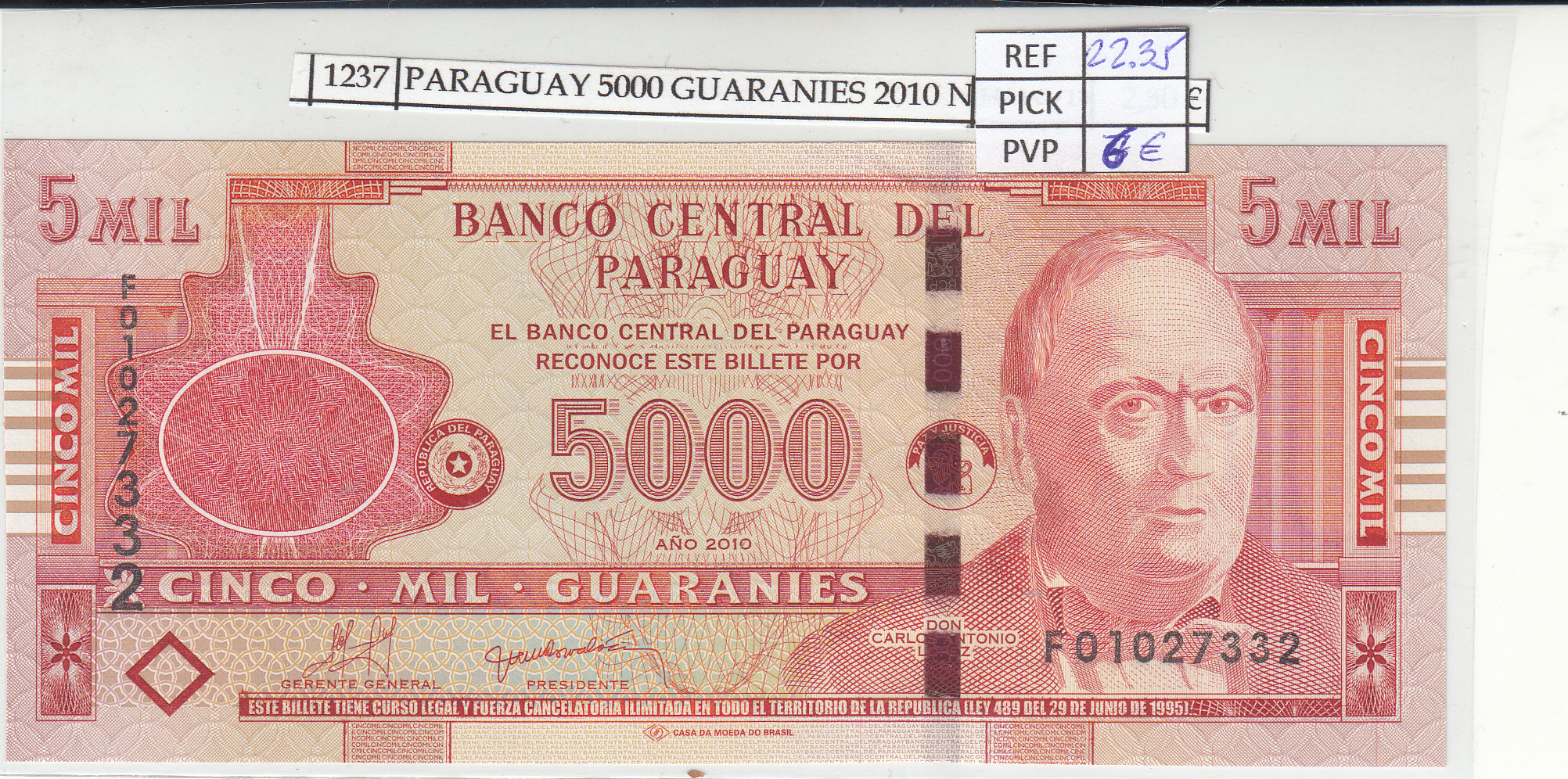 BILLETE PARAGUAY 5.000 GUARANIES 2010 P-223c 