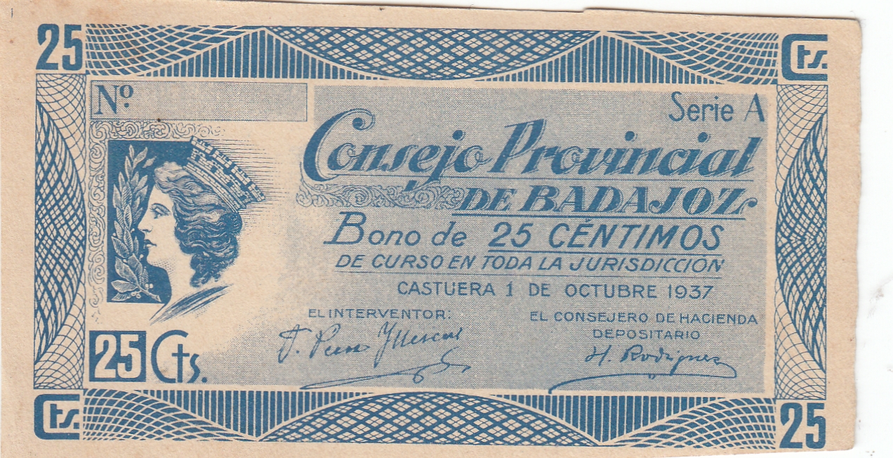 CRBL0071 BILLETE ESPAÑA BADAJOZ 25 CENTIMOS 1937