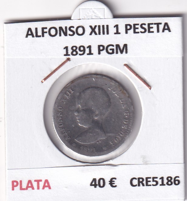 CRE5186 MONEDA ESPAÑA ALFONSO XIII 1 PESETA 1891 PGM PLATA