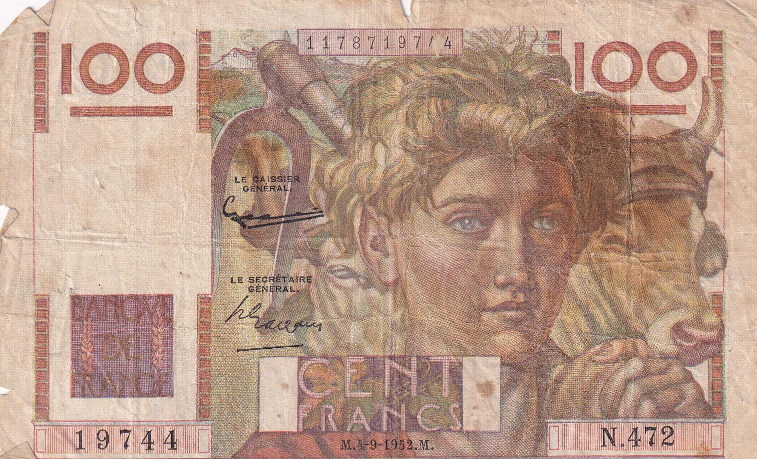 CRBX1468 BILLETE FRANCIA 100 FRANCOS 1952 USADO CON ROTURAS