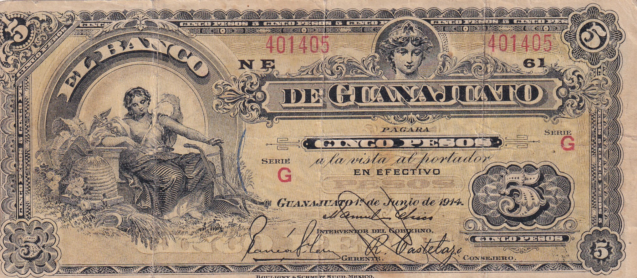 CRBX2676 BILLETE GUANAJUATO (MEXICO) 5 PESOS 1914 SERIE G BC