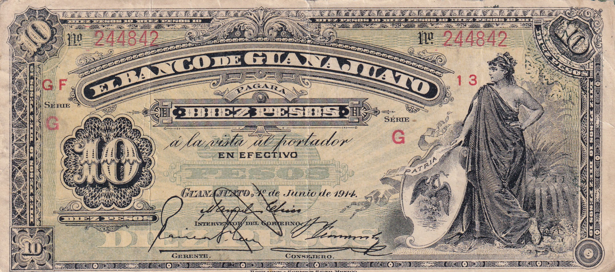 CRBX2677 BILLETE GUANAJUATO (MEXICO) 10 PESOS 1914 SERIE G BC