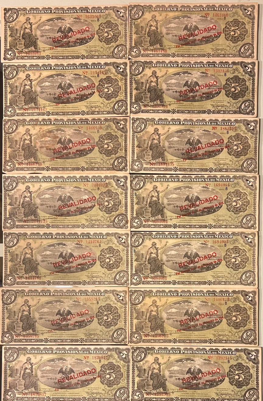 CRBX2679 LOTE 14 BILLETES MEXICO 5 PESOS 1914 REVALIDADO MBC