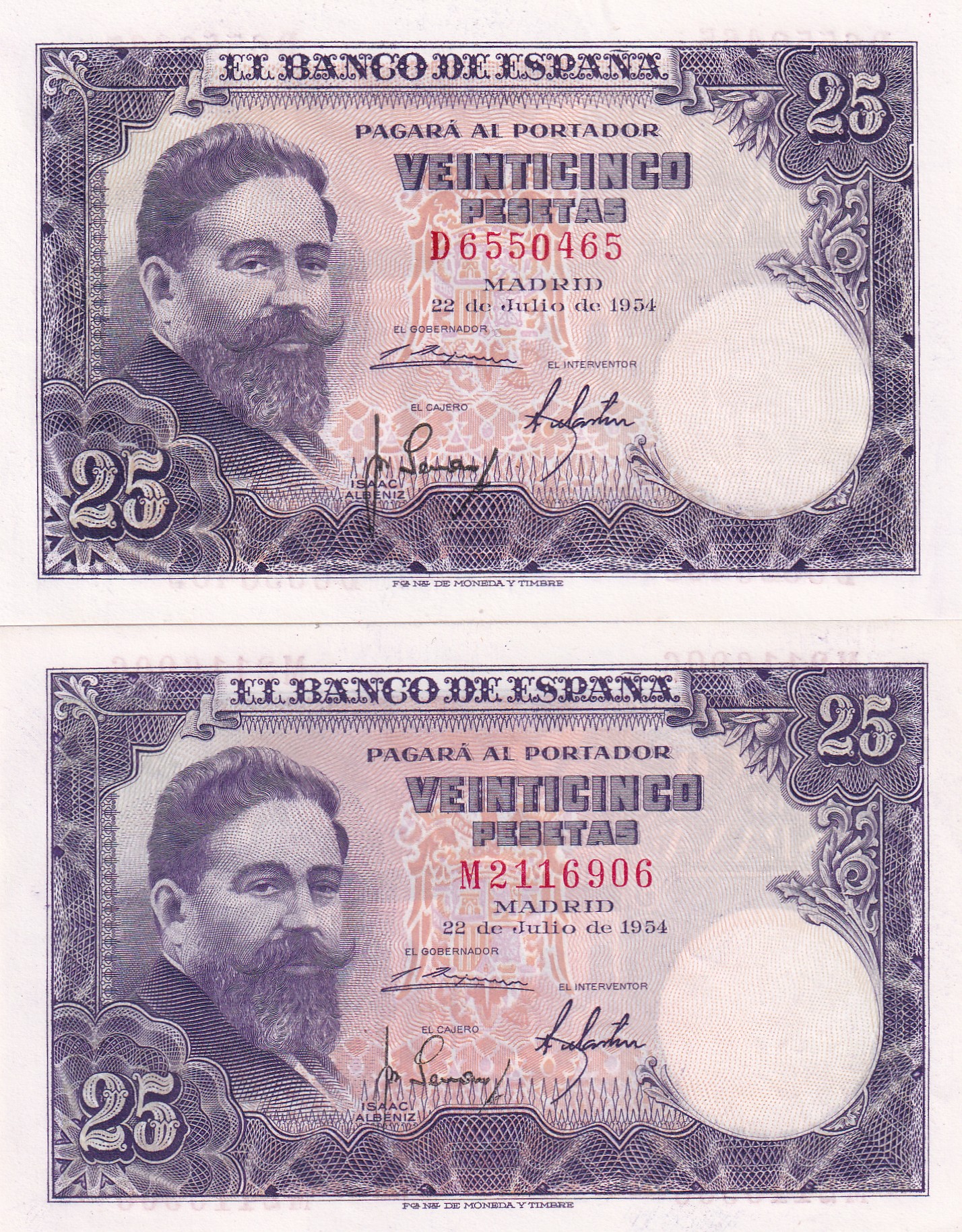 CRBS3327 LOTE DE 2 BILLETES ESPAÑA 25 PESETAS 1954 SERIES D-M S/C-