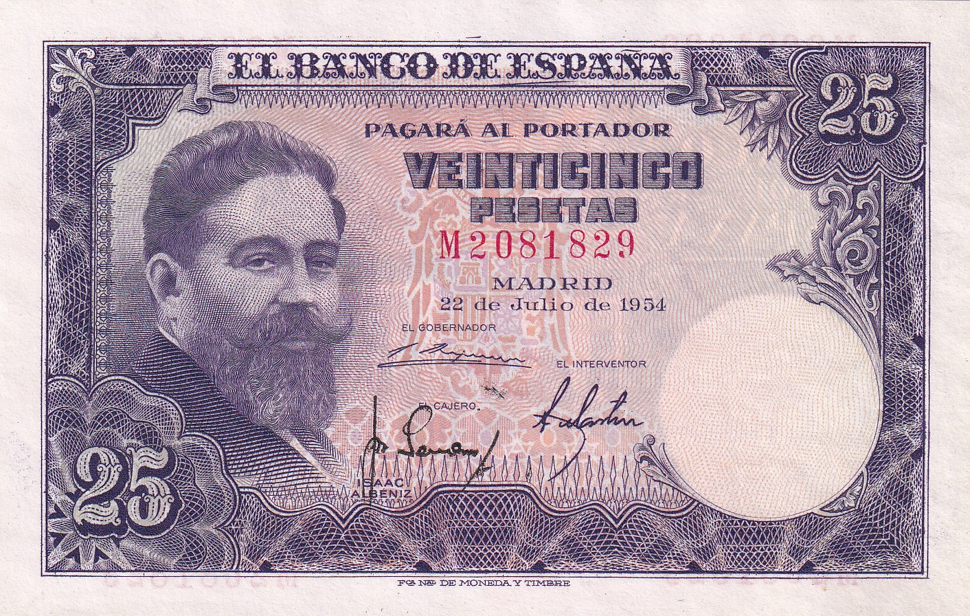 CRBS3328 BILLETE ESPAÑA 25 PESETAS 1954 SERIES M S/C