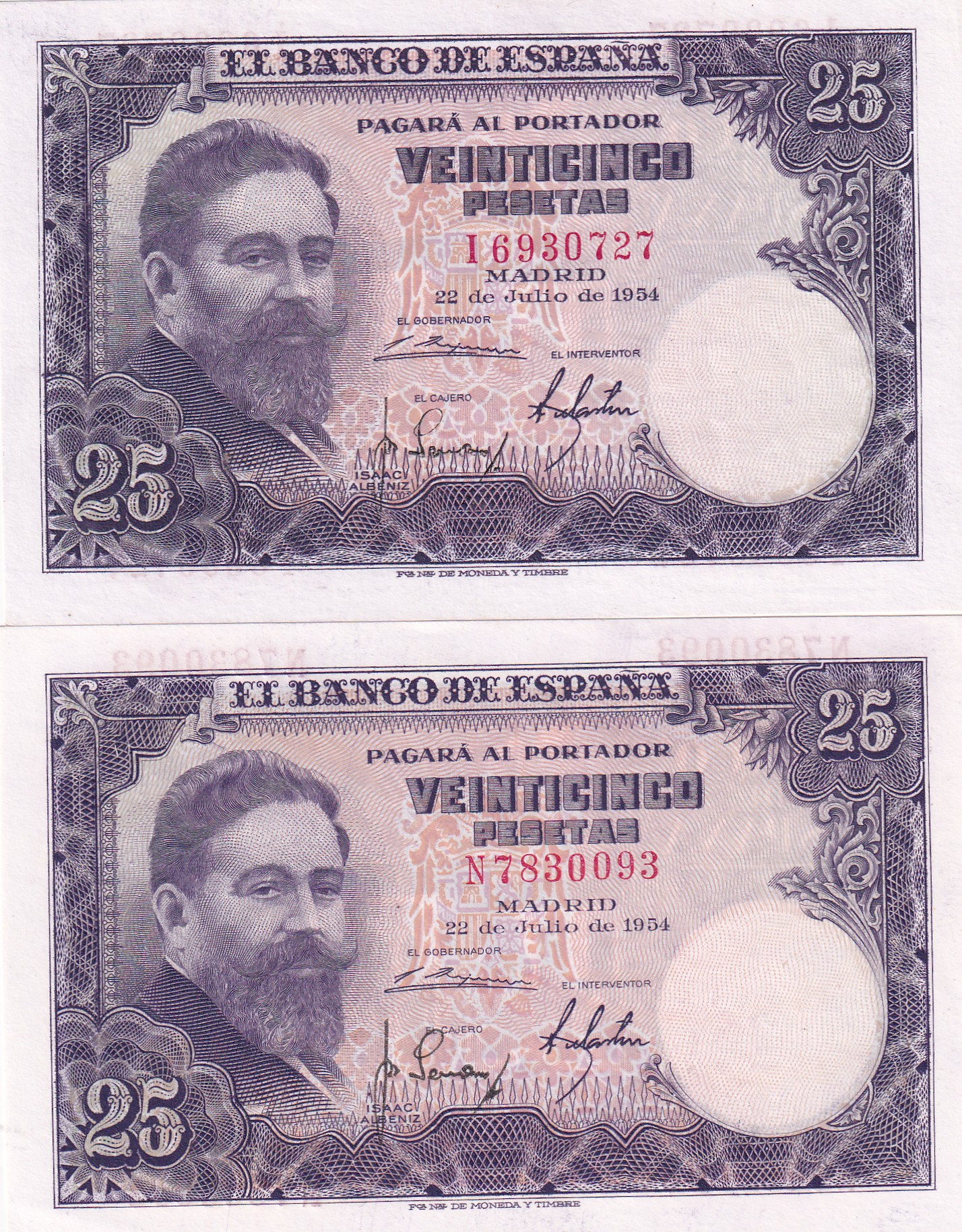 CRBS3329 LOTE DE 2 BILLETES ESPAÑA 25 PESETAS 1954 SERIES I-N S/C