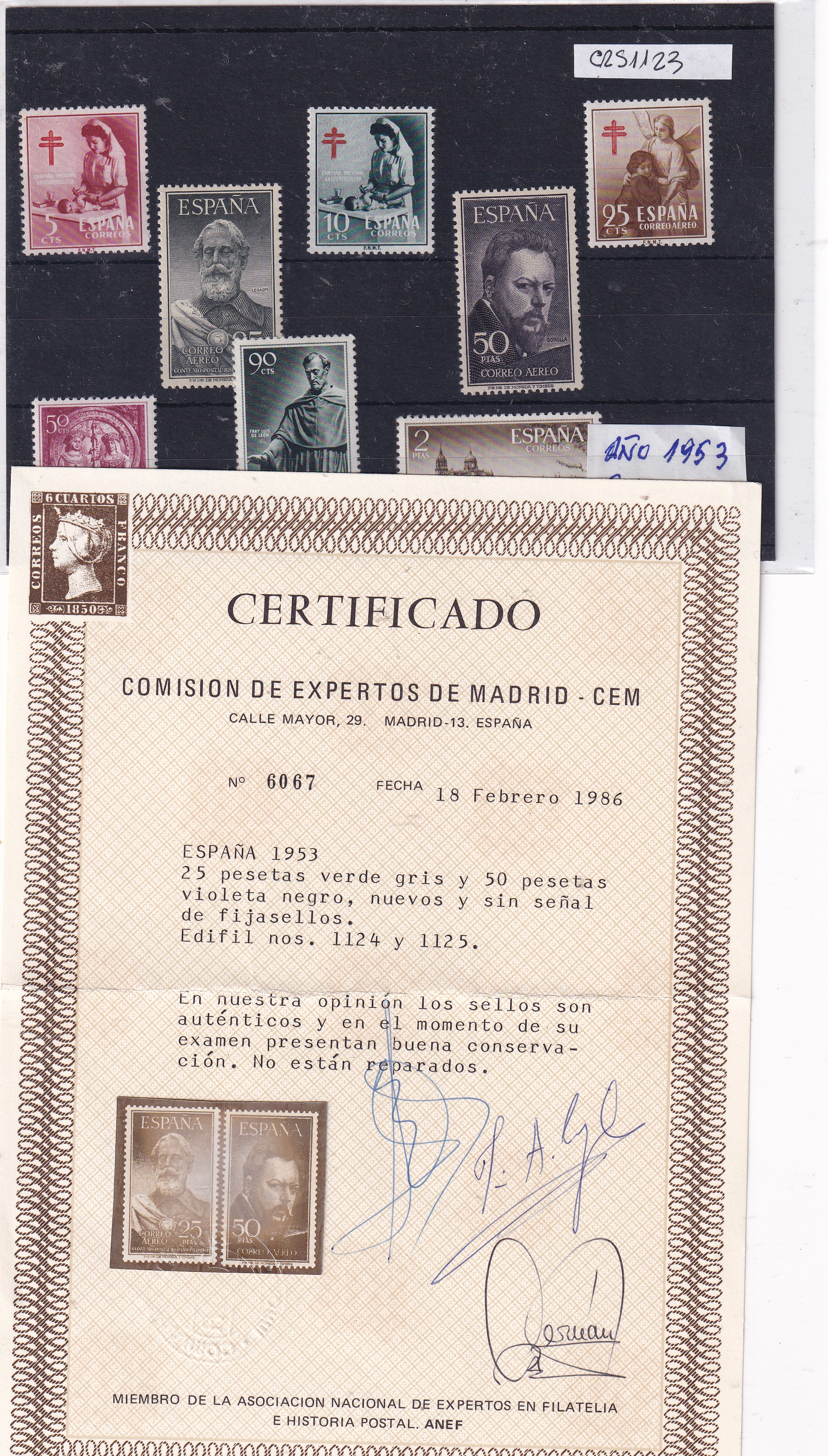 CRS1123 SELLOS ESPAÑA AÑO 1953 COMPLETO  SIN CHARNELA CON CERTIFICADO