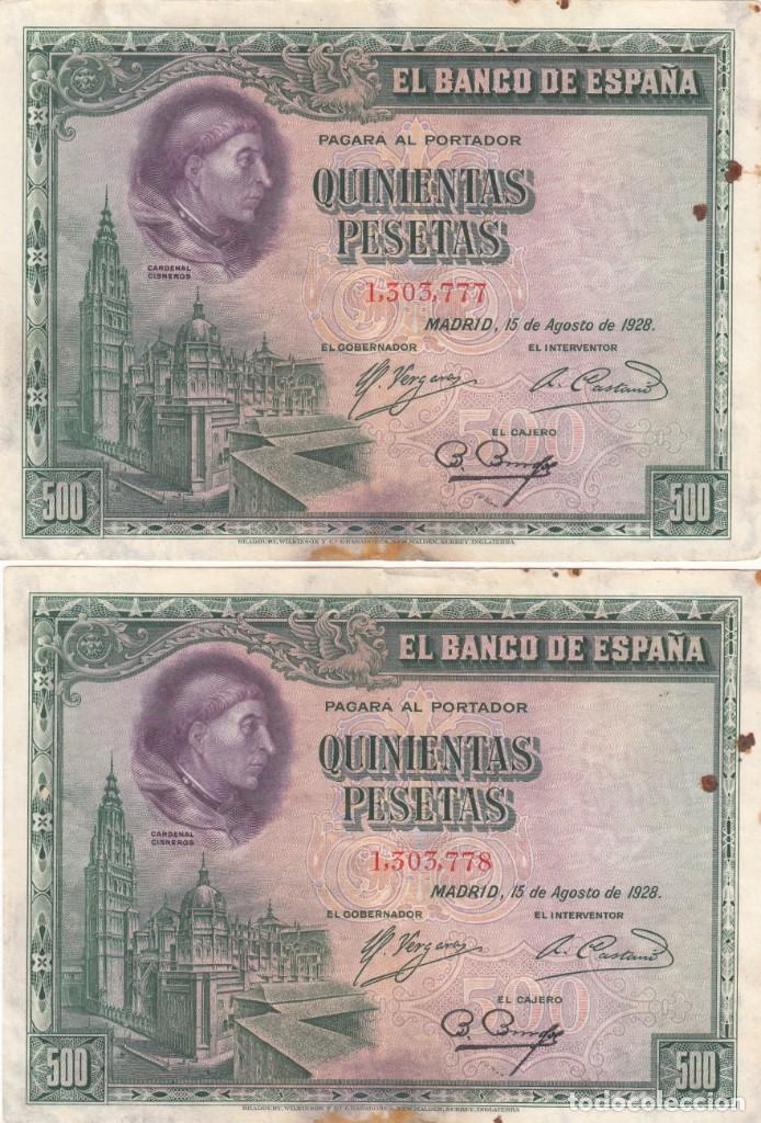 PAREJA CORRELATIVA BILLETES ESPAÑA 500 PESETAS 1928 CON OXIDO