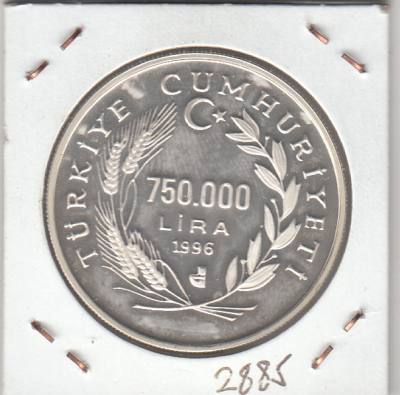 MONEDA TURQUÍA 750000 LIRAS 1996 PLATA