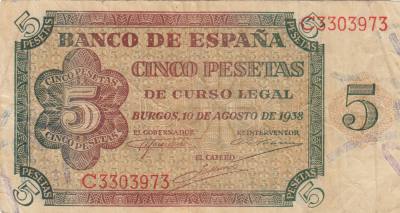 CRBS0454 BILLETE ESPAÑA 5 PESETAS 1938 MBC-
