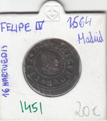 CRE1451 MONEDA FELIPE IV 16 MARAVEDIS 1664 MADRID MC 