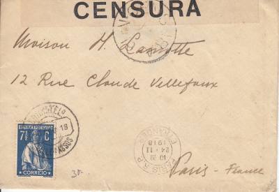 CRCAR345 SOBRE PORTUGAL DIRIGIDO A PARIS 24-02-1918 BANDA DE CENSURA PORTUGUESA 