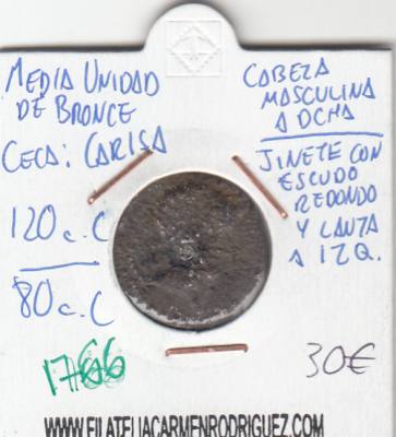 CRE1766 Media unidad de bronce Carisa Cabeza masculina/Jinete con escudo redondo 120 a.C-80 a.C