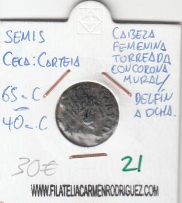 CRE0021 Semis Carteia Cabeza femenina torreada/Delfín a derecha 65 a.C-40 a.C