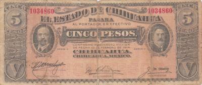 CRBX244 BILLETE MEXICO 5 PESOS 1914 MC 