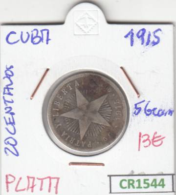 CR1544 MONEDA CUBA 20 CENTAVOS 1915 PLATA BC 
